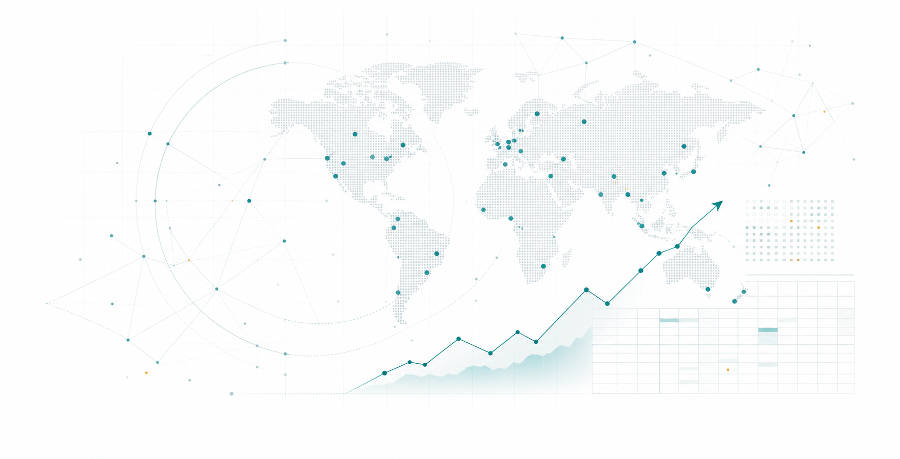 Abstract data atlas with map points, a trend line, and table grid